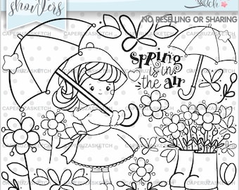 April Showers Digital Stamps, Spring Digital Stamps, COMMERCIAL USE, Umbrella Stamps, Flowers Stamps, Spring Distamps, Coloring Pages