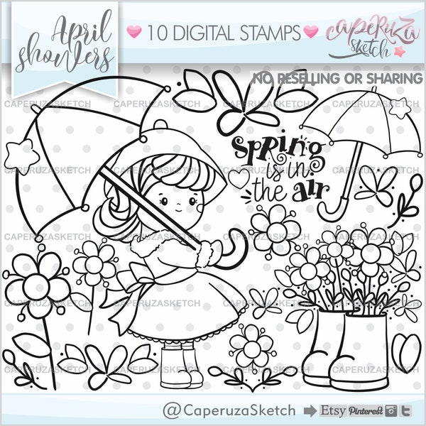 April Showers Digital Stamps, Spring Digital Stamps, COMMERCIAL USE, Umbrella Stamps, Flowers Stamps, Spring Distamps, Coloring Pages