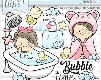 Bath Clipart, Wash Hair Clipart, Wash Hair Graphic, COMMERCIAL USE, Spa Clipart, Cute Characters, Washing Hair, Rubber Ducky, Bath Day