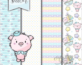 Sailor Paper, Nursery Paper, Pig Digital Paper, COMMERCIAL USE, Baby Boy Paper, Baby Girl Paper, Baby Sailor Digital Paper, Pig Pattern