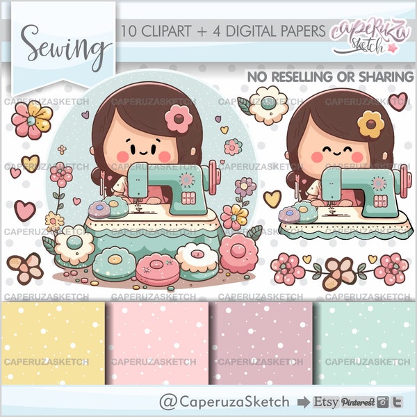 Sewing Clipart, Digital Papers Pack, Sewing Clip Art, Sewing Graphics, Crafty Girl, Sewing PNG, Scrapbook Clipart, Cute Girl Clipart