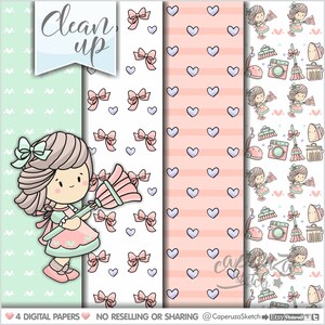 Clean Up Pattern, Clean Up Digital Paper, COMMERCIAL USE, Kawaii Pattern, Scrapbook Paper, Printable Paper, Heart Pattern, Printable Pattern