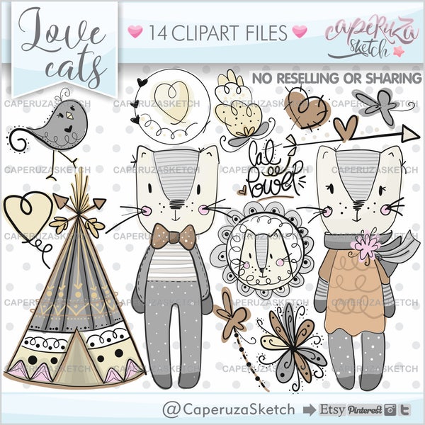 Cat Clipart, Cat Graphic, Tribal Clipart, COMMERCIAL USE, Cats, Woodland Clipart, Cat Party, Handrawn, Hand Drawn, Sketch, Love, Teepee