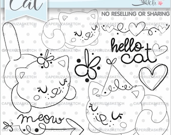 Cat Stamps, Animal Stamps, Cat Coloring Page, COMMERCIAL USE, Hello Cat, Meow Stamps, Birthday Cat Stamps, Kawaii Stamps, Planner Stamps