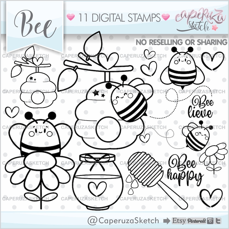 Bee Stamps, Bee Digital Stamps, COMMERCIAL USE, Honey Bee Stamps, Bee Coloring Pages, Bee Images, Spring Stamps, Bee Line Art, Spring image 1