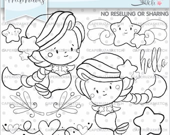 Mermaid Stamps, Princess Stamps, COMMERCIAL USE, Digital Stamp, Digistamp, Coloring Page, Sea Stamps, Ocean Stamps, Stamp