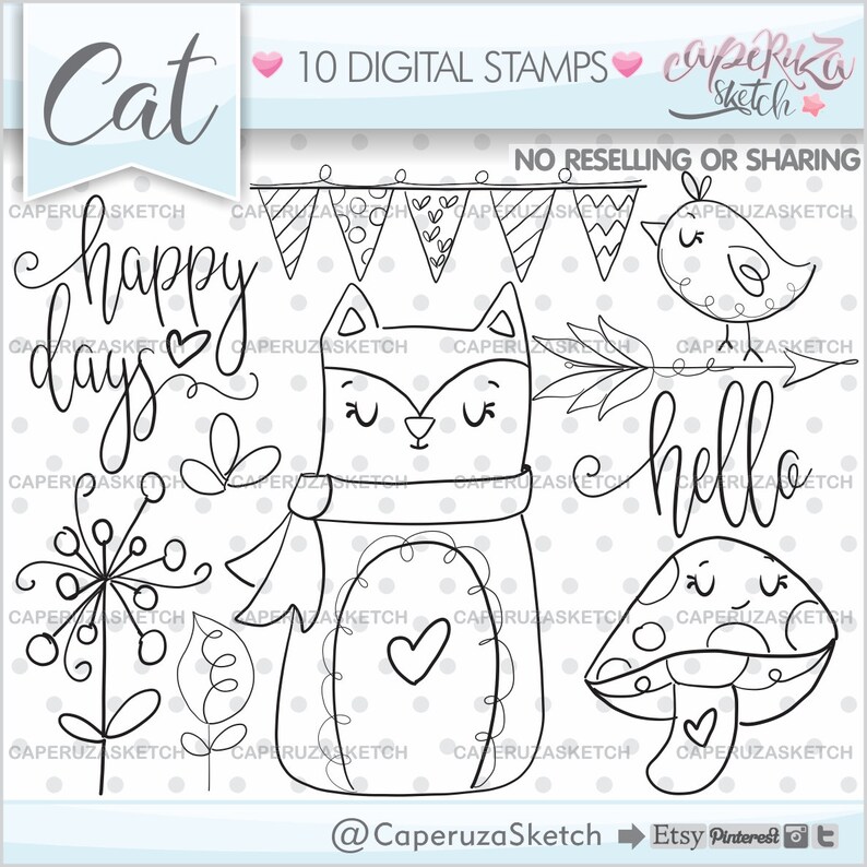 Cat Stamps Digi Stamp Digital Image Cat Digistamp Etsy