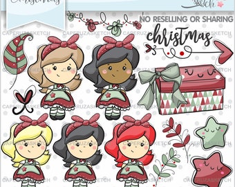 Christmas Clipart, Christmas Graphics, COMMERCIAL USE, Christmas Party, Christmas Girl, Season Clip Art, Seasonal Clipart, Multiracial