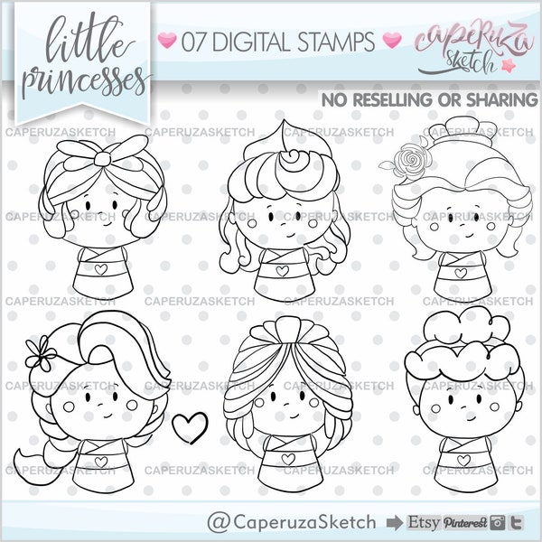Princesses Stamps, Princess Stamps, COMMERCIAL USE, Princess Coloring Pages, Princess Digistamps, Princesses, Princess Party, Coloring Image