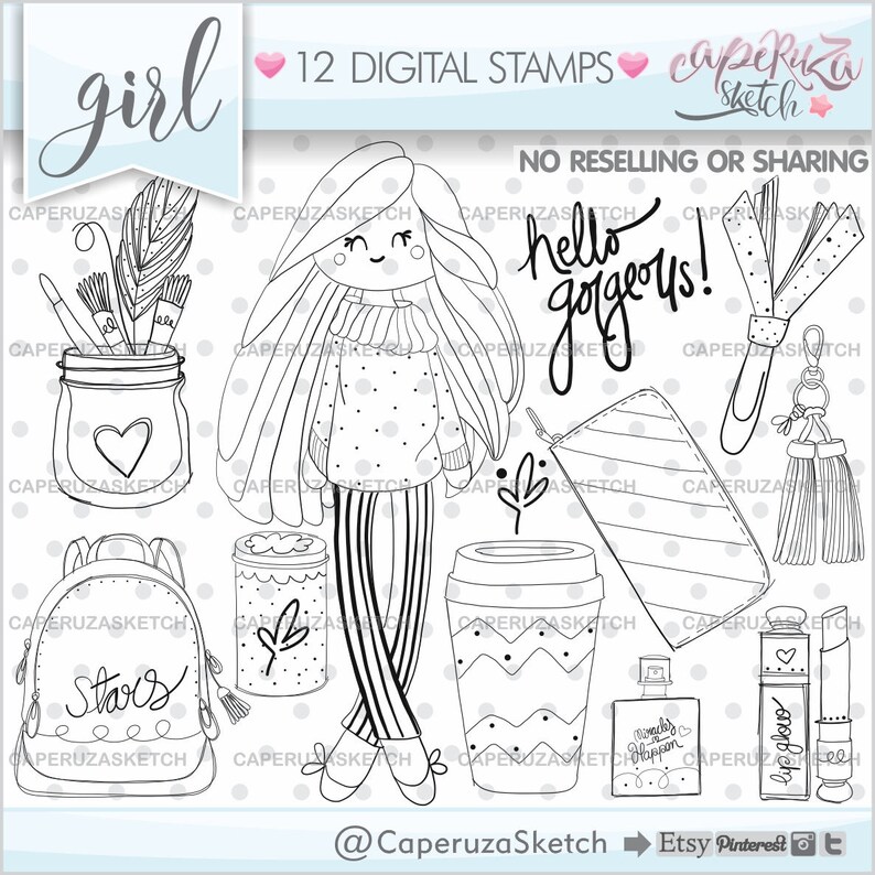 Fashion Girl Stamps Girl Stamp Coloring Page Digital Image Commercial Use Party Stamp Digital Stamp Hello Gorgeous Girl Digistamp Stamps Stickers Labels Tags