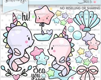 Seahorse Clipart, Unicorn Clipart, Seahorse Graphics, COMMERCIAL USE, Unicorn Graphics, Sea you soon, Star Clipart, Unicorn Images