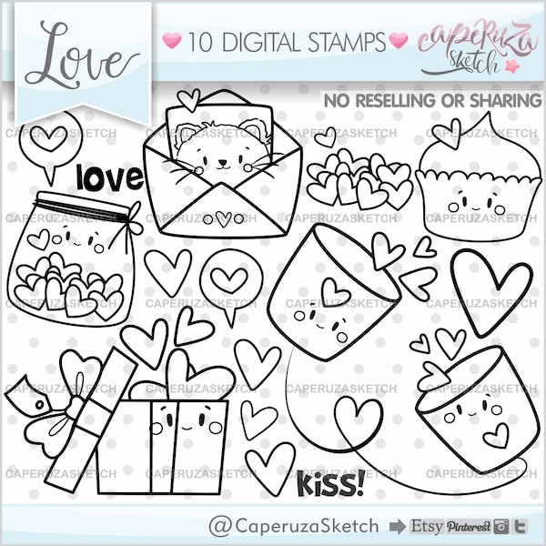 Valentine's Day Digital Stamps, Love Digital Stamps, COMMERCIAL USE, Valentine's Stamps, Love Stamps, Love Coloring Pages, Aniversary Stamps