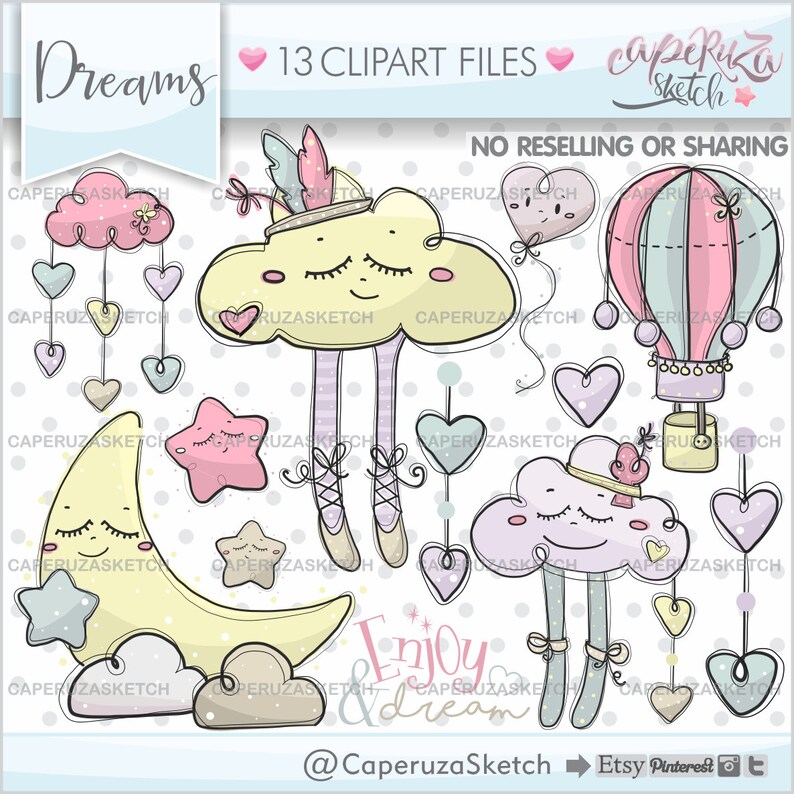 Dream Clipart, Dream Graphic, Night Clipart, Night Graphic, COMMERCIAL USE, Enjoy and Dream, Planner Accesories, Moon Clipart, Cloud Clipart image 1