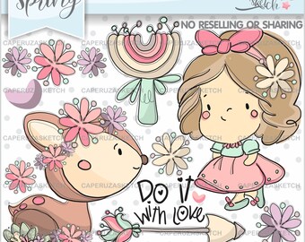 Girl Clipart, Deer Clipart, Spring Clip Art, COMMERCIAL USE, Girl Graphics, Deer Graphics, Spring Graphics, Spring Clipart, Venison Clipart