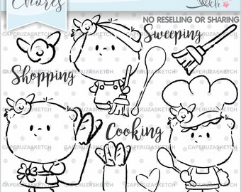 Chef Stamps, Chore Stamps, Clean Up Stamps, COMMERCIAL USE, Housekeeping Stamps, Bear Stamps, Cooking Stamps, Coloring Pages, Bear Outlines