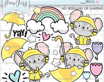 April Showers Clip Art, Rain Showers, COMMERCIAL USE, Mouse Clipart, Kid Spring Clipart, Yellow Umbrella, Rain Clipart, Rain Coat, Rainy Day