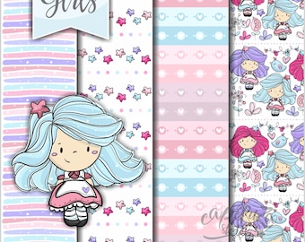 Girl Digital Papers, Hearts Digital Papers, COMMERCIAL USE, Fairy Tale Digital Papers, Stars Digital Papers,  Fairy Tale Patterns, Papers
