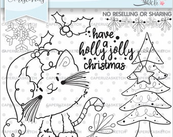 Christmas Stamps, Cat Stamps, Christmas Tree Stamps, COMMERCIAL USE, Christmas Clipart, Christmas Decor, Planner Accesories, Coloring Pages