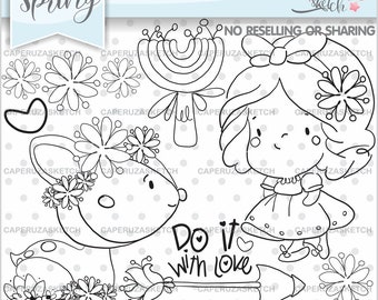 Girl Stamps, Deer Stamps, Spring Stamps, COMMERCIAL USE, Princess Stamp, Digital Stamp, Digistamp, Spring Coloring Page, Girl Clipart