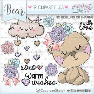 Bär Clipart, Bär Grafiken, Clipart KOMMERZIELLE NUTZUNG, warme Wünsche, mit Liebe, Blumen Clipart, Wolke Clipart, Handrawn Bär, Handrawn Clipart