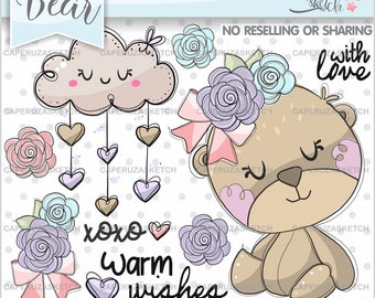 Bear Clipart, Bear Graphics, Clipart COMMERCIAL USE, Warm Wishes, With Love, Flowers Clipart, Cloud Clipart, Handrawn Bear, Handrawn Clipart