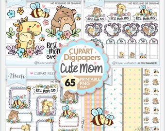 Mother's Day Clipart, Mother's Day Graphics, COMMERCIAL USE, Family Clipart, Mom Clipart, Animal Clipart, Bear Clipart, Giraffe Clipart, Bee