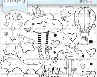 Dream Stamps, Night Stamps, Moon Stamps, Cloud Stamps, Digistamp, COMMERCIAL USE, Dream Coloring Page, Air Balloon Stamps, Enjoy and Dream
