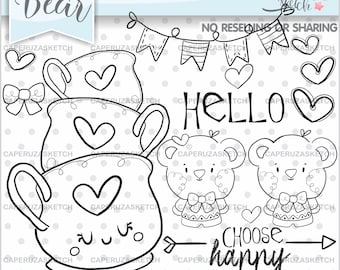 Bear Stamps, Bear Coloring Page, Coffee Stamps, COMMERCIAL USE, Planner Stamp, Digital Stamp, Animal Stamp, Planner Accesories, Choose Happy