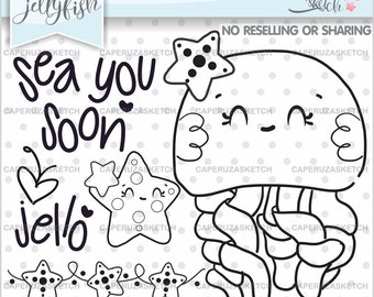 Jellyfish Stamps, Jellyfish Clipart, Ocean Stamps, COMMERCIAL USE, Sea Stamps, Sealife Stamps, Sea Coloring Pages, Digital Stamps, Digistamp