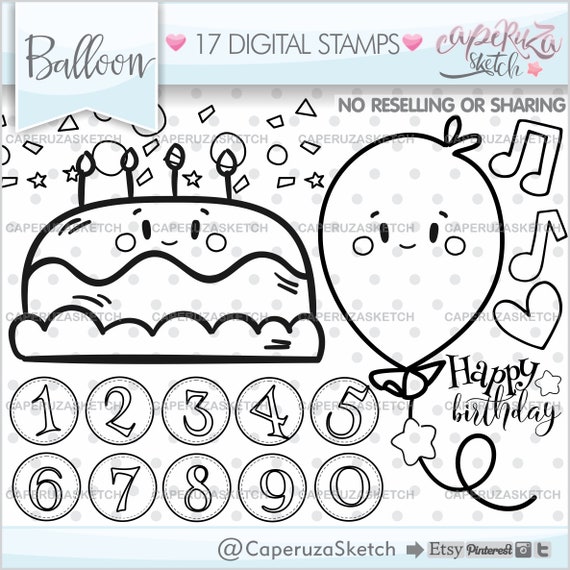 Birthday Digital Stamps, Birthday Stamps, Happy Birthday Stamps, COMMERCIAL  USE, Balloon Stamps, Party Stamps, Party PNG, Birthday Outlines -   Israel