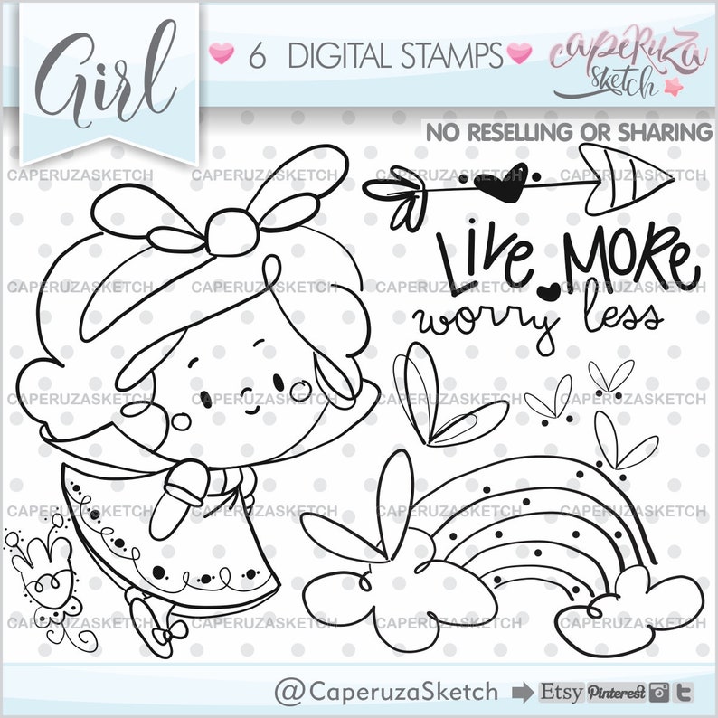 Girl Stamps, Princess Stamps, COMMERCIAL USE, Spring Stamp, Girl Clipart, Spring Coloring Pages, Princess Clipart, Rainbow image 1