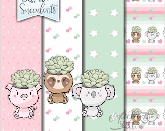 Succulent Digital Paper, Animal Digital Paper, COMMERCIAL USE, Cactus Digital Paper, Animal Pattern, Succulent Pattern, Koala Pattern