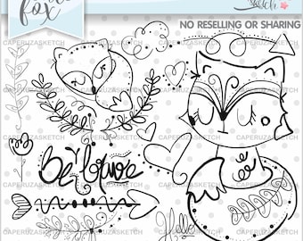 Fox Stamps, Digi Stamp, Digital Image, Fox Digistamp, COMMERCIAL USE, Coloring Page, Fox Stamp, Party Stamps, Animal Stamps, Planner Stamps