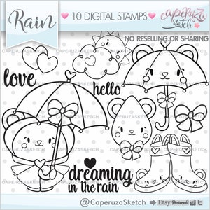 Sellos de oso, sellos de paraguas, sellos de lluvia, uso comercial, sellos meteorológicos, clip arte de oso, clip de paraguas arte, oso digistamp, pronóstico, sello