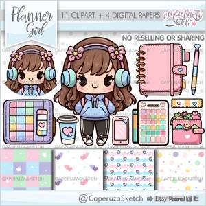 Clipart de menina planejadora, clipart de menina de escola, clipart de escola, clipart de escritório, volta às aulas, gráficos de menina de escola, PNG de escola, linda garota