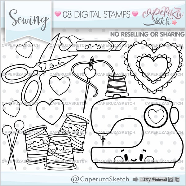 Sewing Machine Stamps, Sewing Digistamps, Crafting Stamps, COMMERCIAL USE, Sewing Digital Stamps, Needle Stamps, Thread Stamps, Sew Crafty