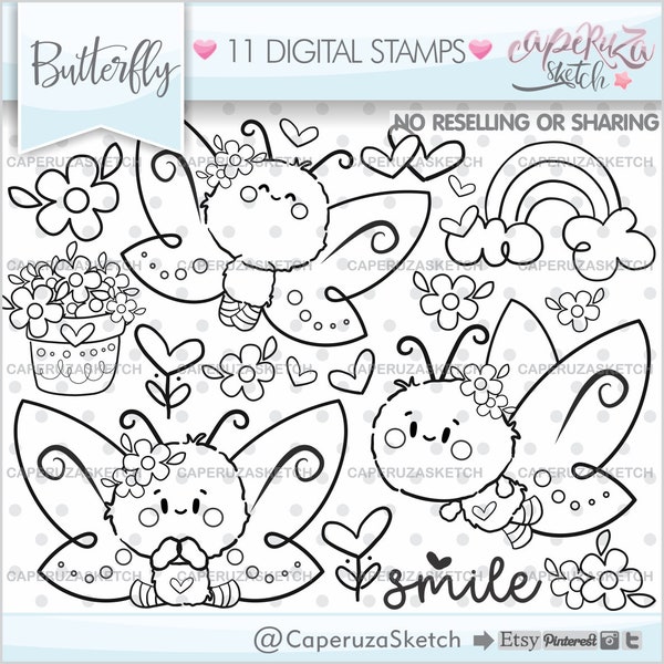 Butterfly Stamps, Spring Stamps, COMMERCIAL USE, Butterfly Lineart, Butterfly Digistamps, Garden Stamps, Butterly Coloring Pages, Butterfly
