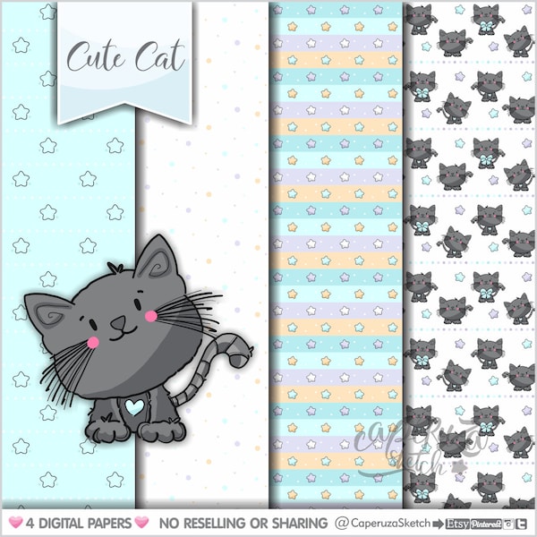 Cat Digital Papers, Black Cat Digital Papers, COMMERCIAL USE, Cat Patterns, Black Cat Patterns, Cat Printable Papers, Black Cat, Kittens