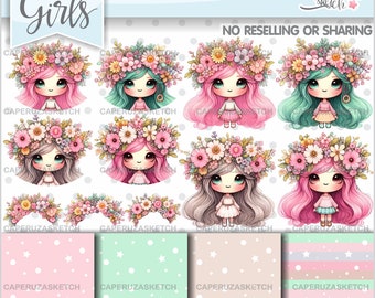 Girls Clipart, Floral Clipart, Spring Girl Clipart, Spring Clipart, Spring Graphics, Floral Spring Woman, Wreaths Clipart, Floral Wreaths
