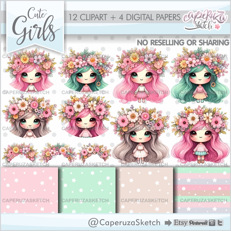 Girls Clipart, Floral Clipart, Spring Girl Clipart, Spring Clipart, Spring Graphics, Floral Spring Woman, Wreaths Clipart, Floral Wreaths image 1