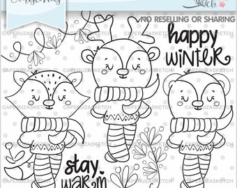 Winter Stamps, Christmas Stamps, Winter Coloring Page, COMMERCIAL USE, Woodland Clipart, Winter Clipart, Woodland Digital Stamp, Animals