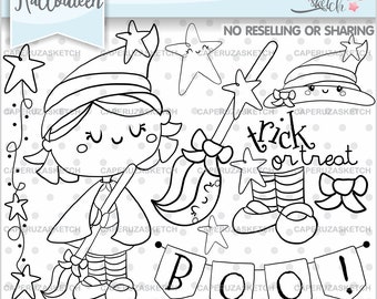 Halloween Stamps, Witch Stamps, Halloween Coloring Page, COMMERCIAL USE, Planner Stamps, Halloween Digital Stamps, Trick or Treat, Halloween