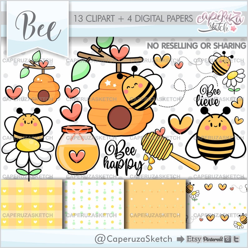 Bee Clipart, Bee Graphics, COMMERCIAL USE, Honey Bee Clipart, Bee Images, Bee Stickers, Spring Clipart, Honey Clipart, Honey Graphics image 1