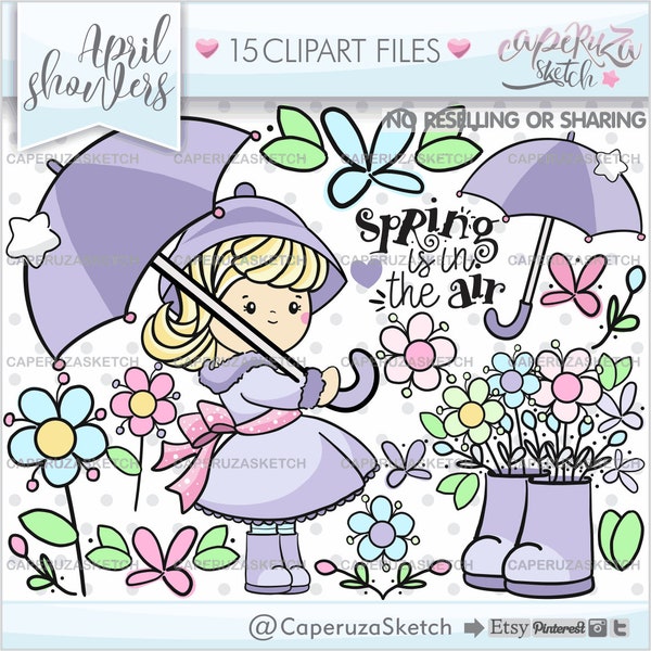 April Showers Clipart, Spring Clipart, COMMERCIAL USE, Umbrella Clipart, Flowers Clipart, Clip Art, Spring Girl, Spring Graphics, April