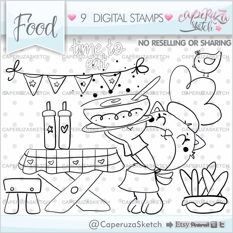 Food Stamps, Chef Stamps, Cat Stamps, COMMERCIAL USE Stamps, Restaurant Stamps, Time to Eat, DigiStamps, Coloring Page, Coloring Stamps image 1
