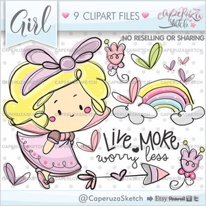 Girl Clipart, Girl Graphics, COMMERCIAL USE, live more worry less, Rainbow Clipart, Rainbow Graphics, Girl Clip Art, Spring Clipart image 1