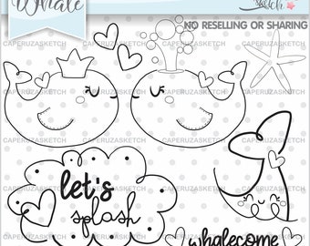 Whale Stamps, Whale Coloring Page, Digital Stamps, COMMERCIAL USE, Sea Stamps, Ocean Stamps, Planner Stamps, Planner Accesories, Graphics