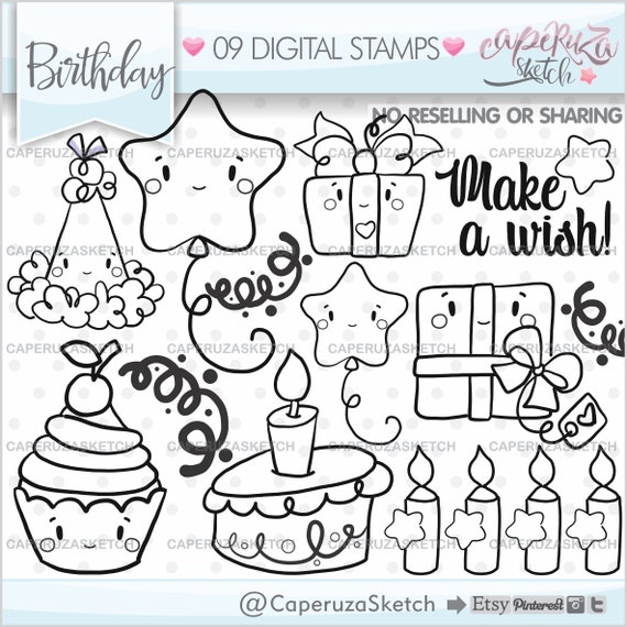 Birthday Digital Stamps, Birthday Stamps, Happy Birthday Stamps, COMMERCIAL  USE, Gift Stamps, Party Stamps, Party Digistamps, Coloring Pages