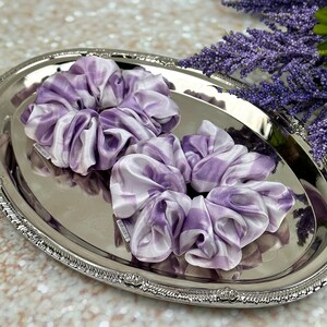 Lavender white satin scrunchies, satin scrunchies, silky scrunchies
