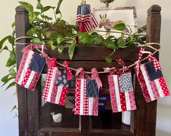 Handmade Americana Fabric Banner | Red White Blue Patriotic Bunting Garland